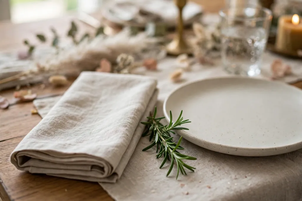 Folded napkin with a short fresh rosemary sprig beside a plate on a party table.