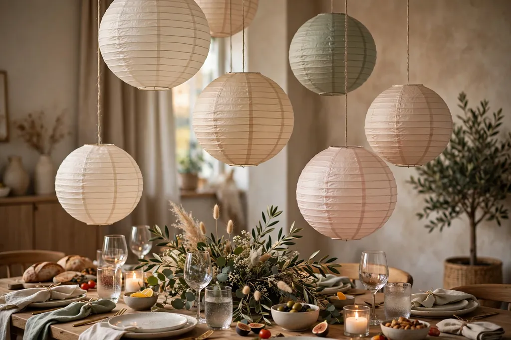 Paper lanterns hung at different heights above a party dining table.