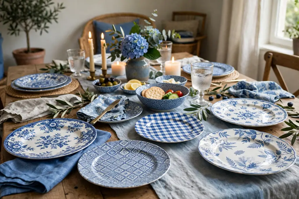 Mixed patterned plates in a shared blue color family set on a party dining table.