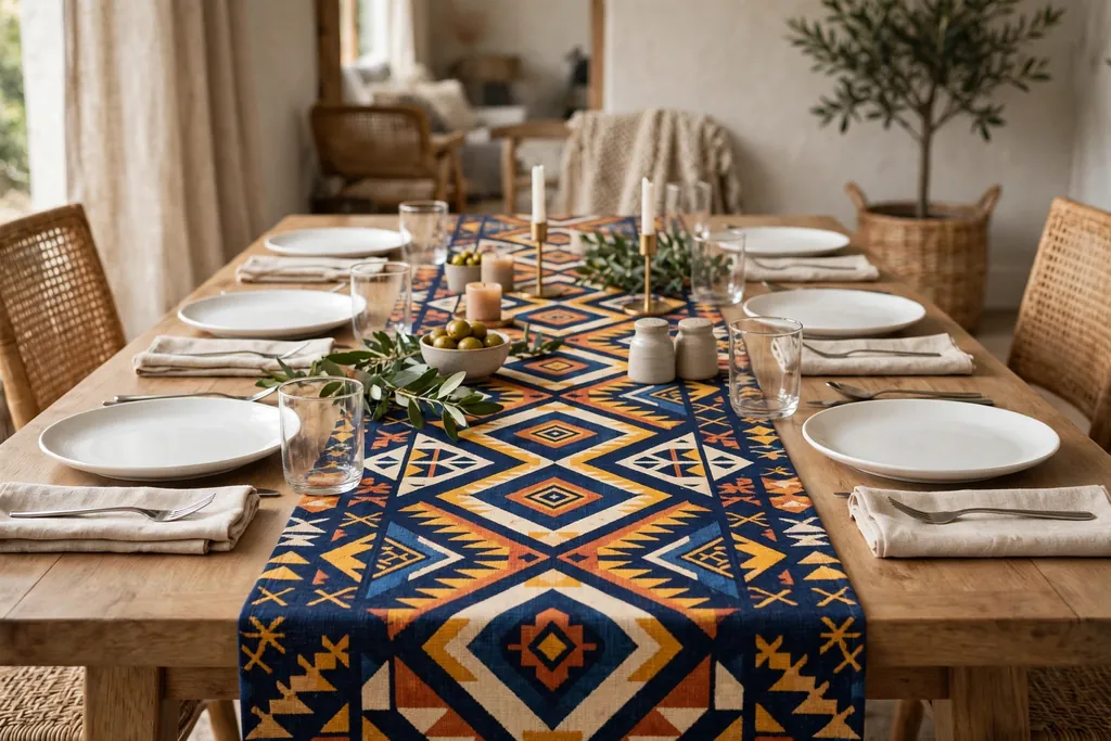 Bold patterned runner down a dining table with plain plates and napkins.