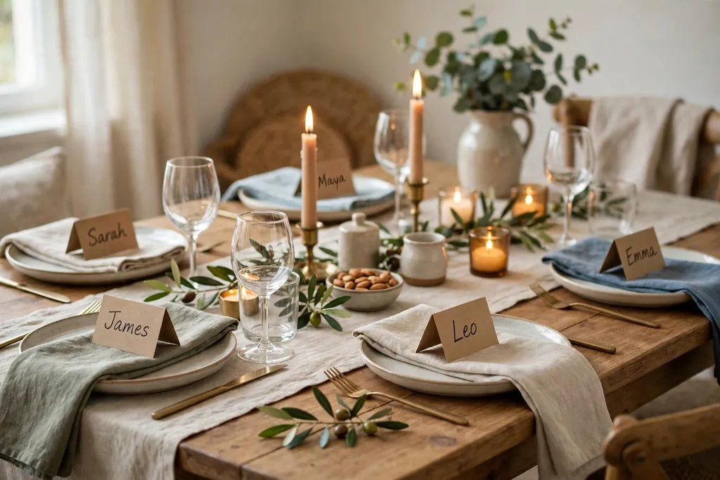 Small handwritten place cards leaning on plates at a party dining table.
