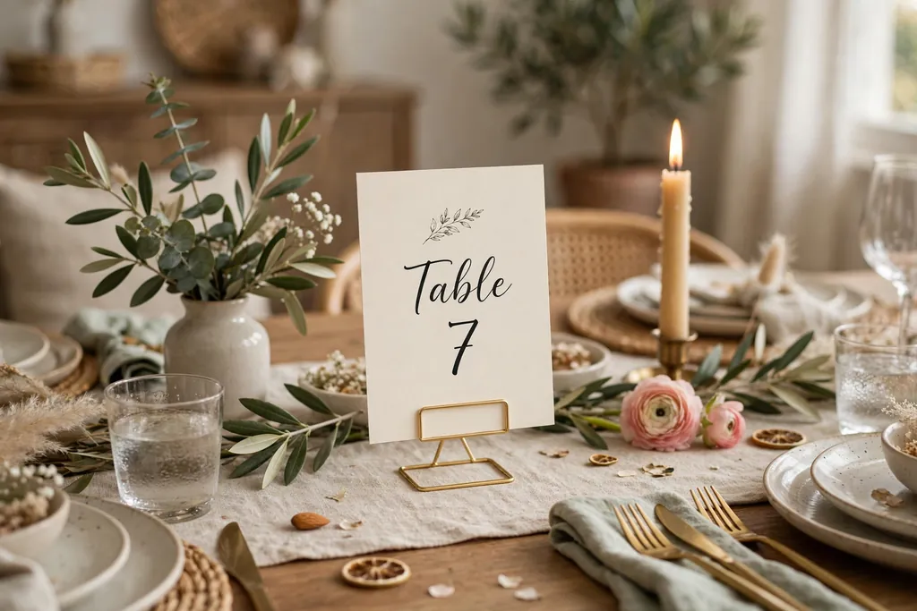 Small table number card on a stand at the center of a party table.