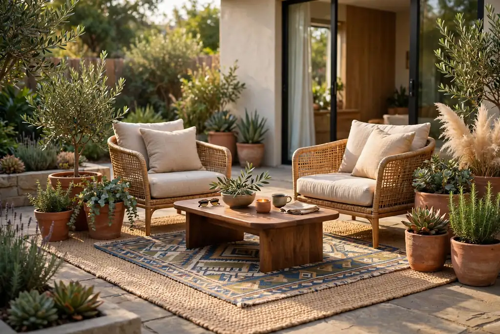 Patio seating area with a layered outdoor rug under chairs and a low table.