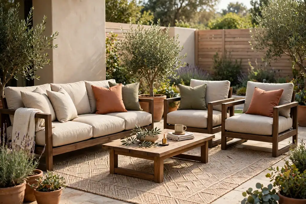 Deep-seat patio lounge grouping with thick outdoor cushions and a low coffee table.