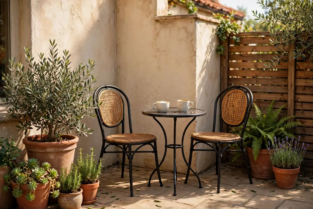 Small patio corner with a bistro set, two chairs, and a round table.