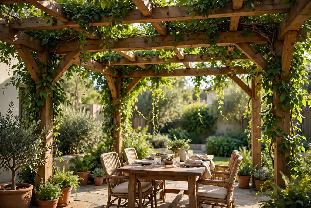 Wooden pergola over a patio with climbing plants and a dining table below.