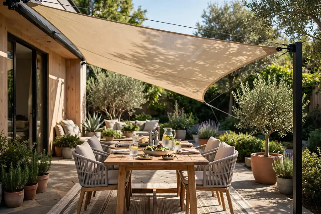 Patio dining zone shaded by an angled shade sail over a table and chairs.