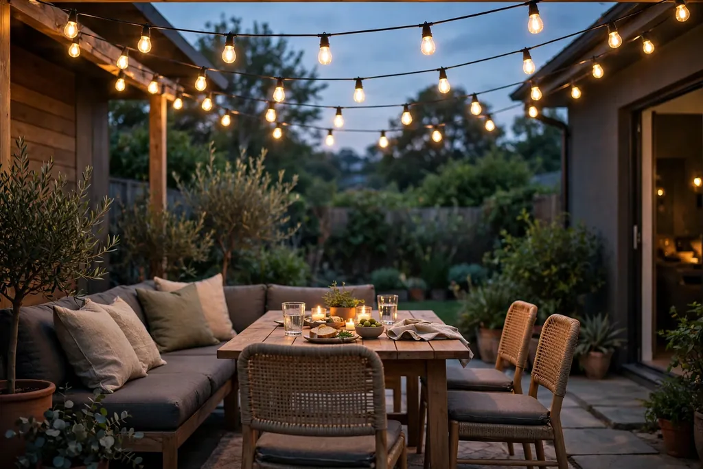 Patio in the evening with string lights hung overhead above seating.