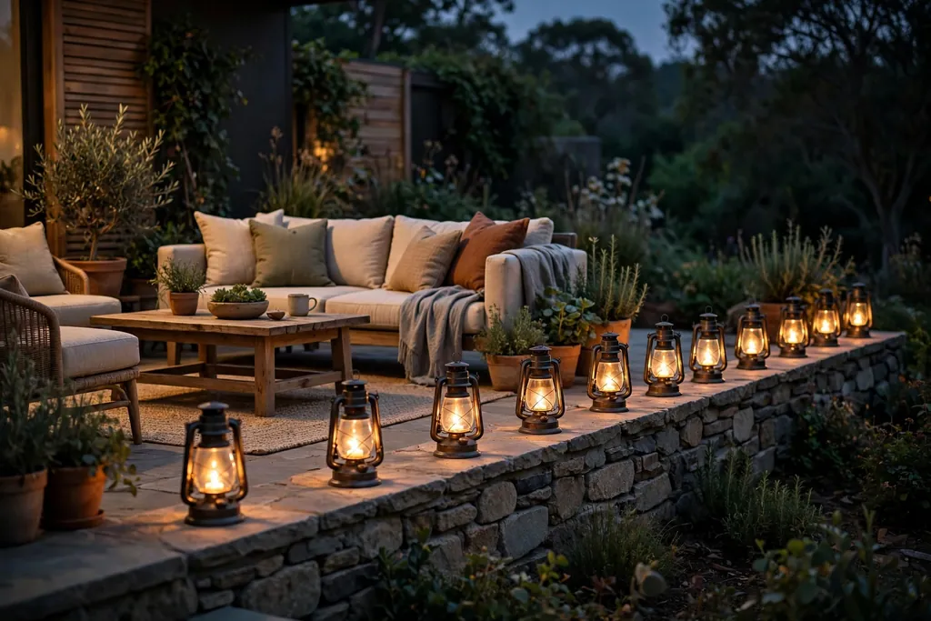Patio edge lined with lanterns giving warm low light at dusk.
