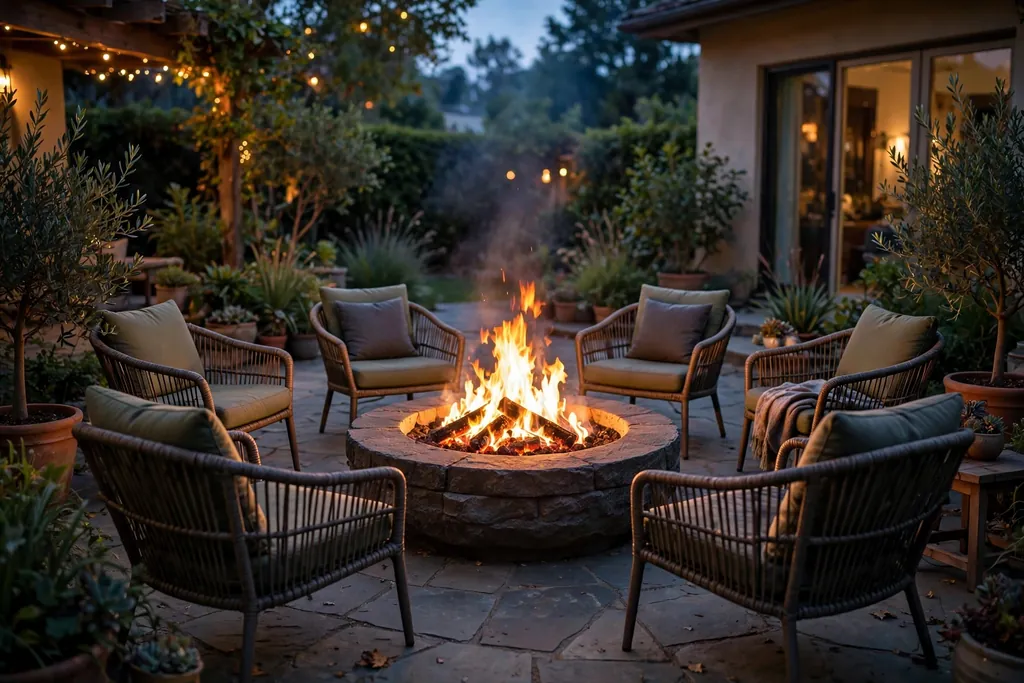 Round fire bowl on a patio with chairs arranged in a circle around it.