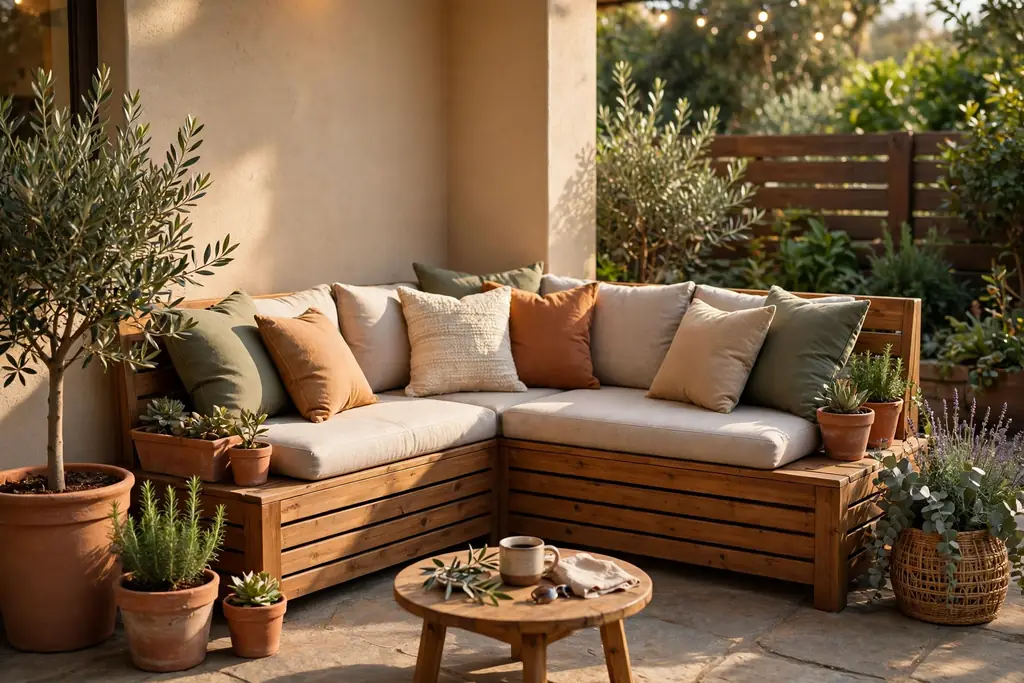 L-shaped corner bench on a patio with outdoor cushions and a table.