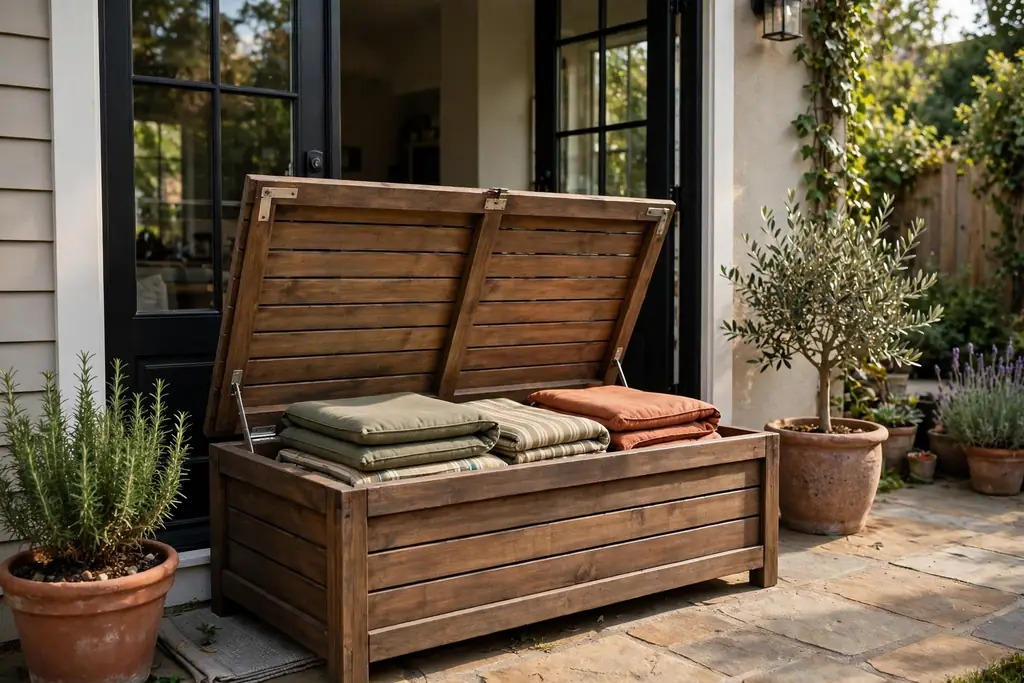 Storage bench by a back door on a patio with cushions stored inside.