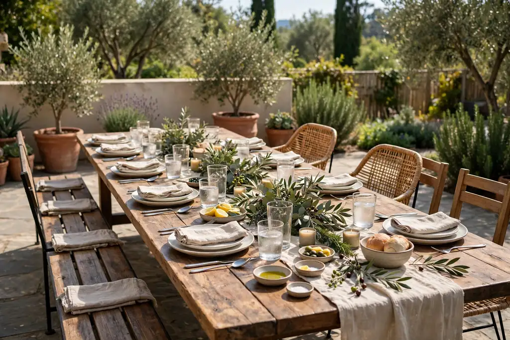 Long outdoor dining table on a patio set for a meal with benches and chairs.