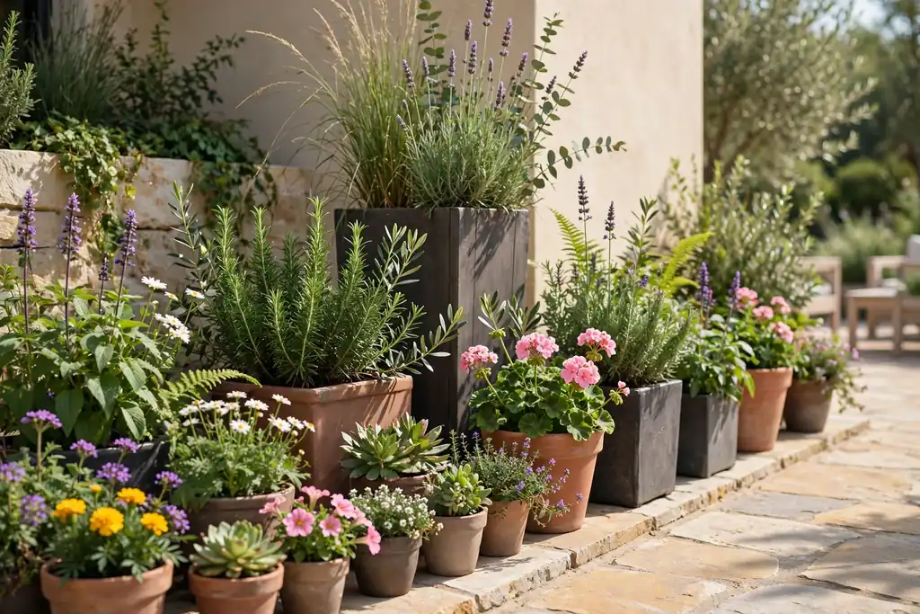 Patio edge with planters in mixed heights filled with green plants and flowers.