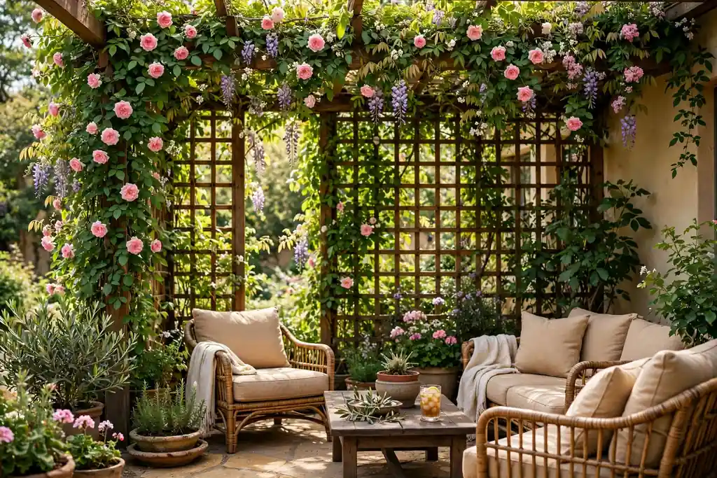 Trellis on a patio covered with climbing plants beside seating.