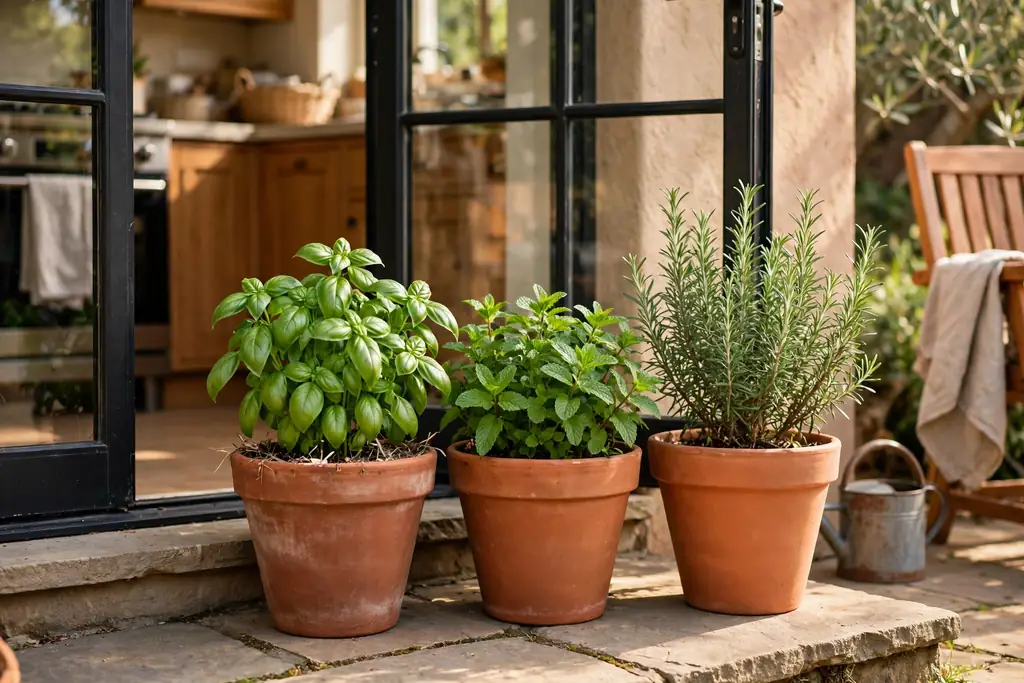 Herb pots by a kitchen door on a patio with basil, mint, and rosemary.