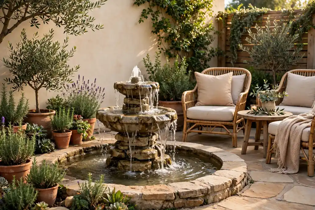 Small fountain on a patio as a focal point beside seating and planting.