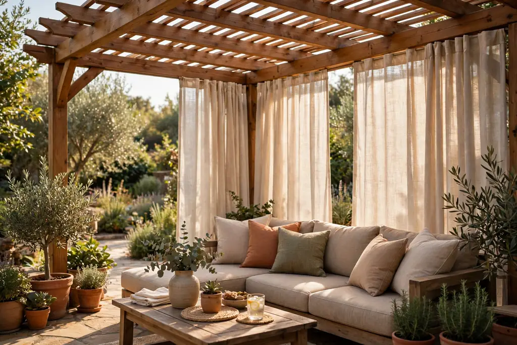Pergola patio with outdoor curtains drawn for privacy beside seating.