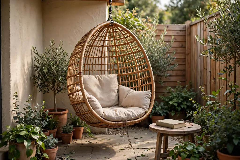 Hanging chair in a quiet patio corner with a cushion and a small side table.