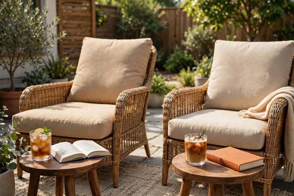 Patio lounge chairs each with a small side table holding a drink and a book.