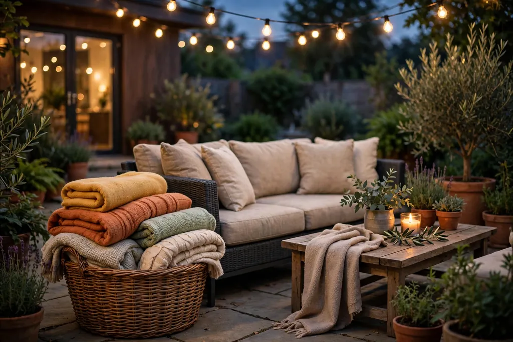 Basket of folded throw blankets beside patio seating in the evening.