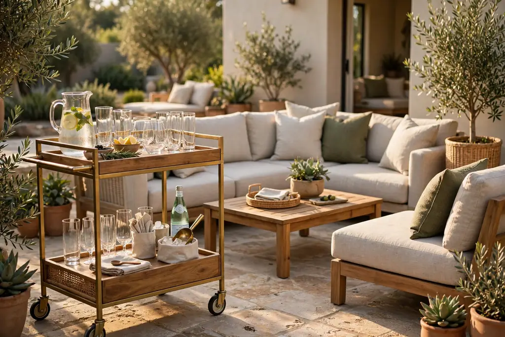 Drinks cart on a patio beside a lounge grouping set for guests.