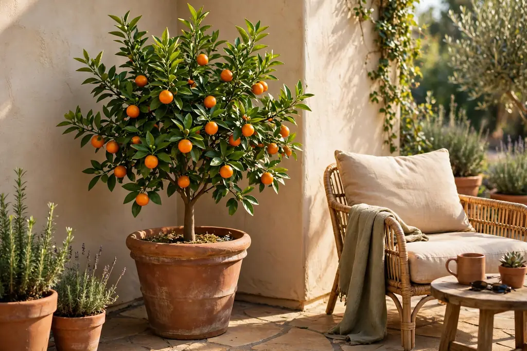 Citrus tree in a large terracotta pot on a sunny patio corner.