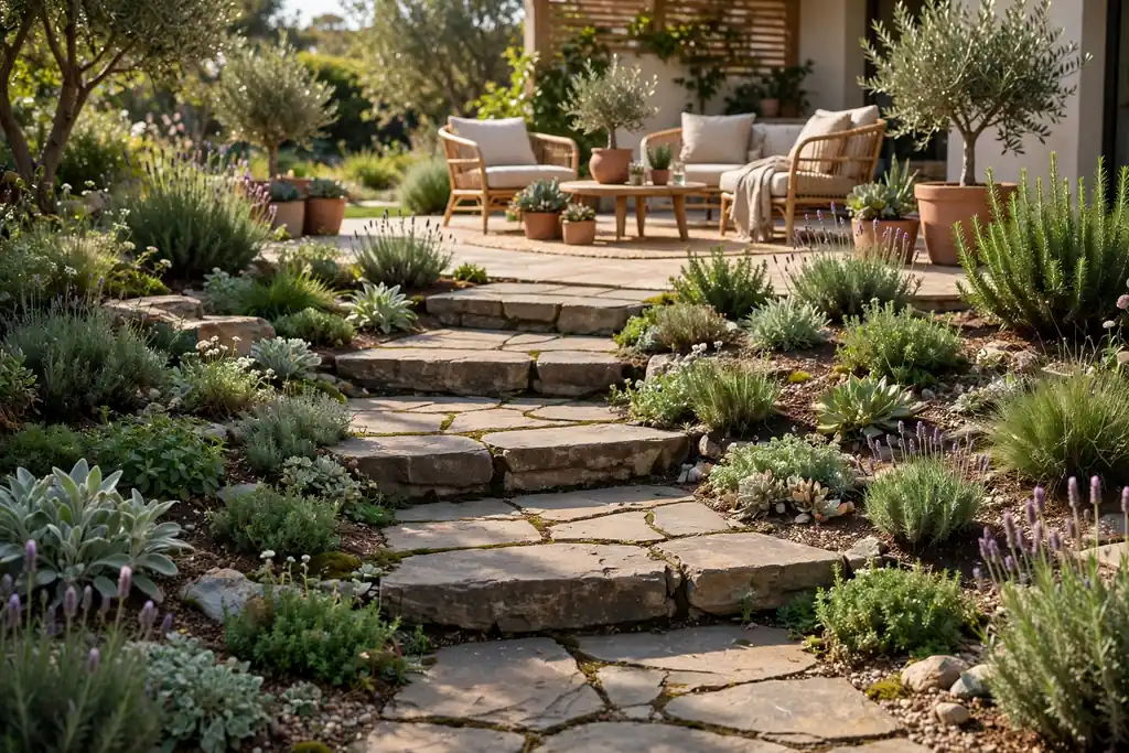 Stone step path leading across a garden to a patio seating area.