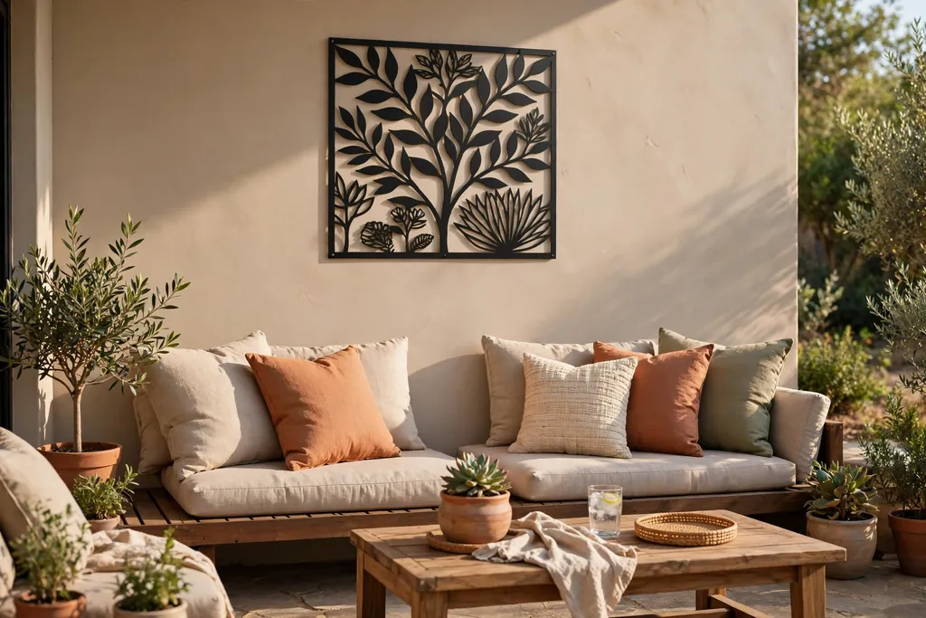 Blank patio wall with weatherproof metal wall decor above seating.