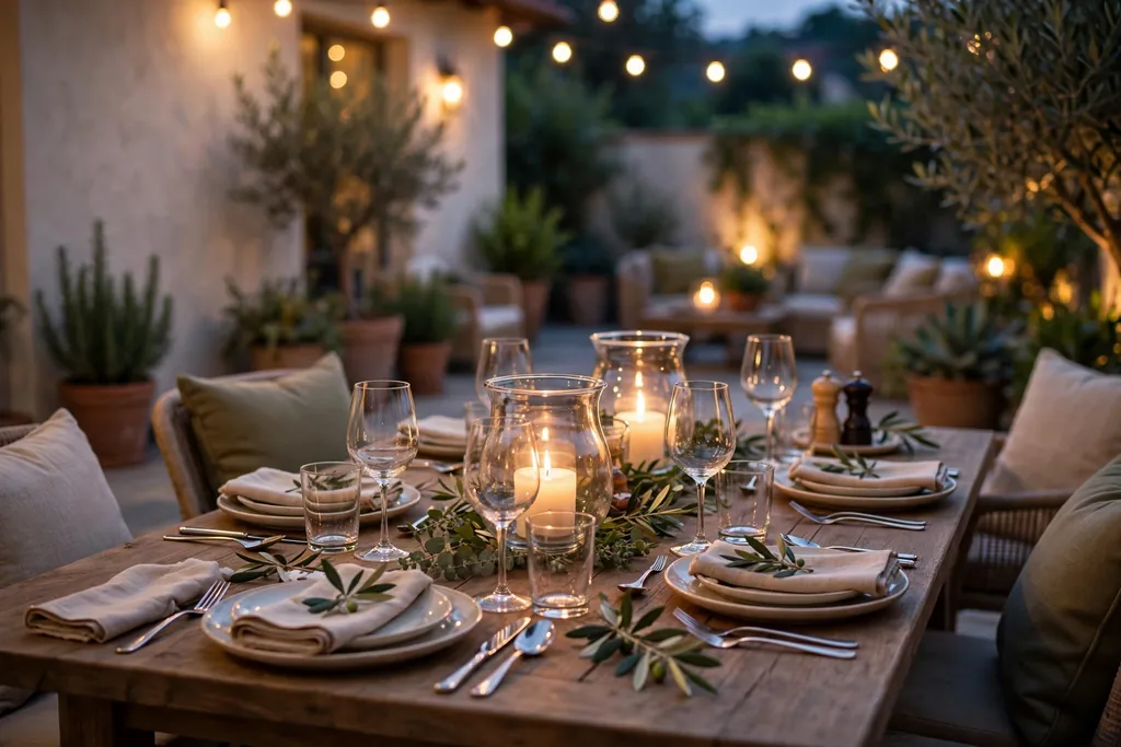 Patio dining table in the evening with a low candle centerpiece.