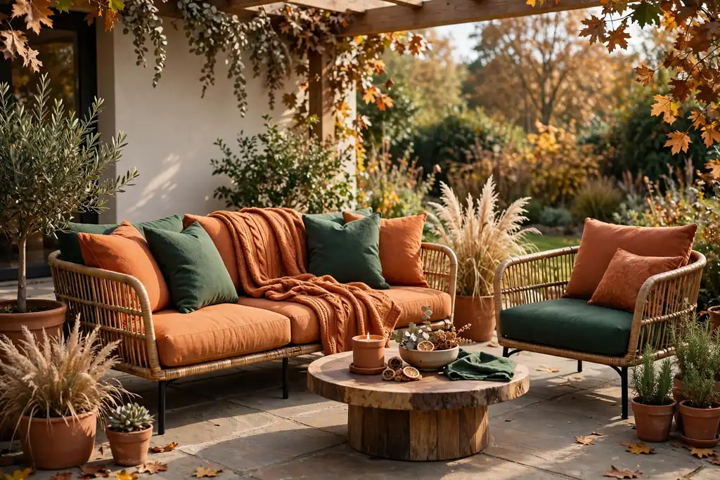 Patio lounge grouping with seasonal cushions in warm autumn tones.