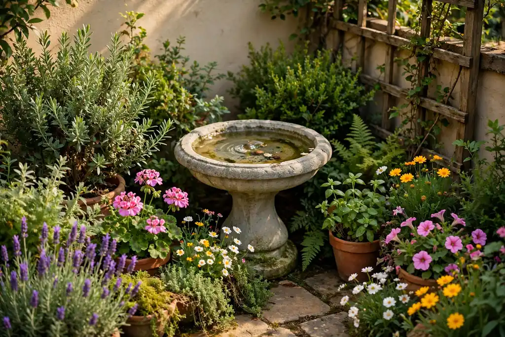 Bird bath in a planted patio corner with shrubs around it.