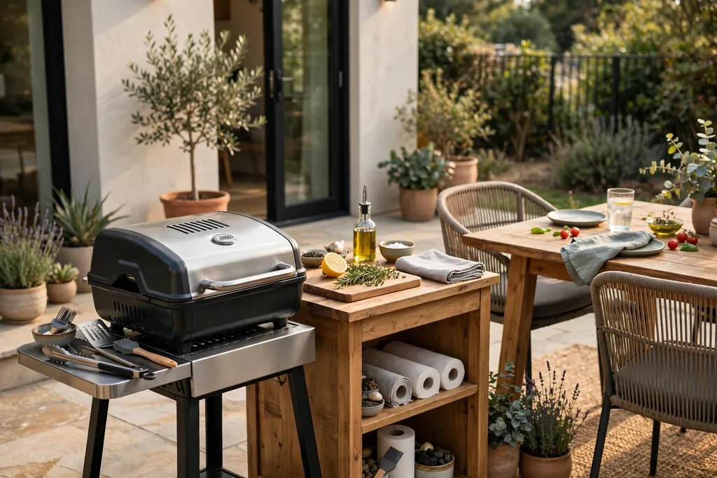 Compact grill and prep station on a patio beside a dining table.