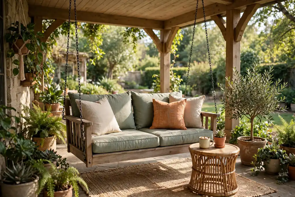 Porch swing on a covered patio with cushions and a small side table.