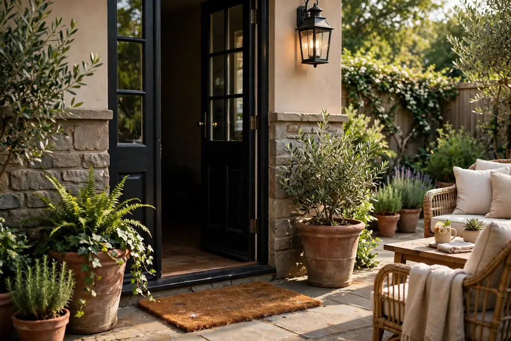 Back door opening to a patio with a doormat, planters, and a lantern.