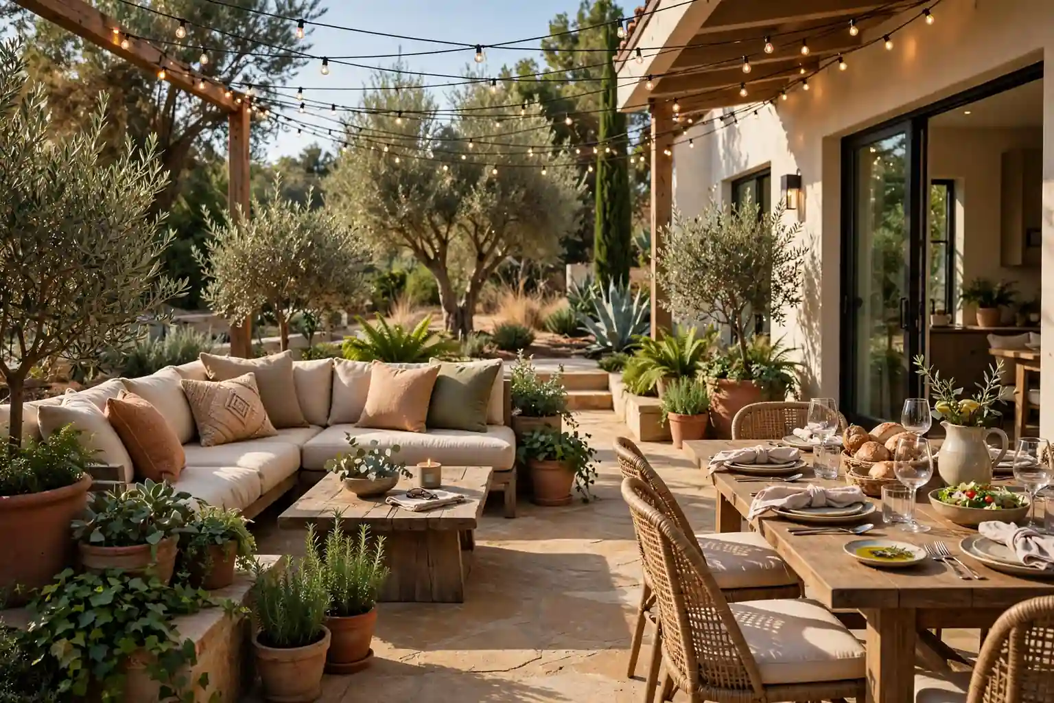 Wide welcoming patio with a lounge grouping, string lights, planters, and a dining table in warm daylight.