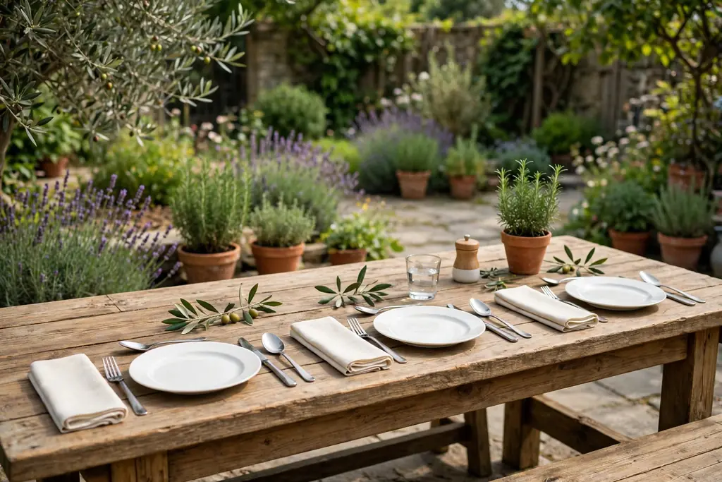 Bare wood patio table with folded cream linen napkins, plain plates, and simple cutlery.
