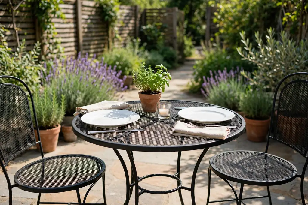 Small round bistro table for two on a patio with one herb pot, two plain place settings, and a short candle in glass.