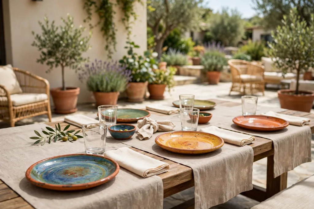 Patio table set with colorful ceramic plates in terracotta on a plain runner with cream napkins.