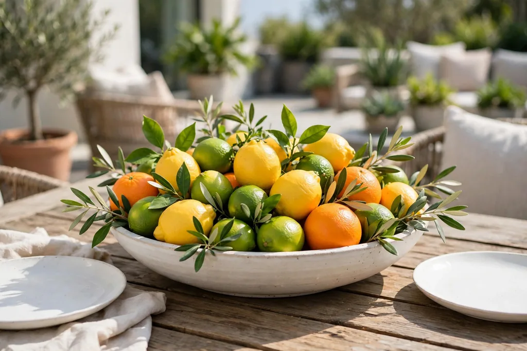 Wide shallow bowl filled with lemons, limes, and oranges with green leaves as a centerpiece on a patio table.