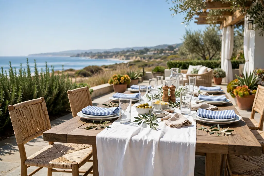 Patio table with a white runner, blue striped napkins, white plates, and clear glasses in bright daylight.