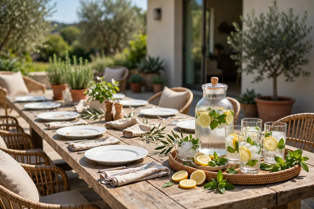 Drink station at the end of a patio table with a water jug, glasses, lemon slices, and mint on a tray.