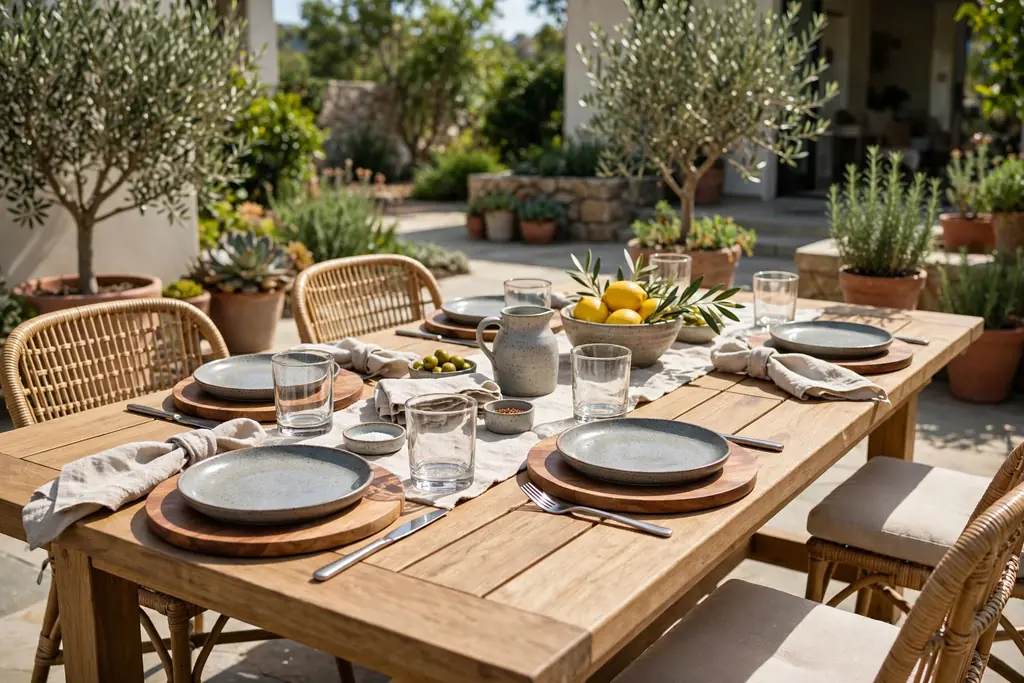 Patio table set with durable stoneware plates, wood chargers, and sturdy glasses for everyday outdoor dining.