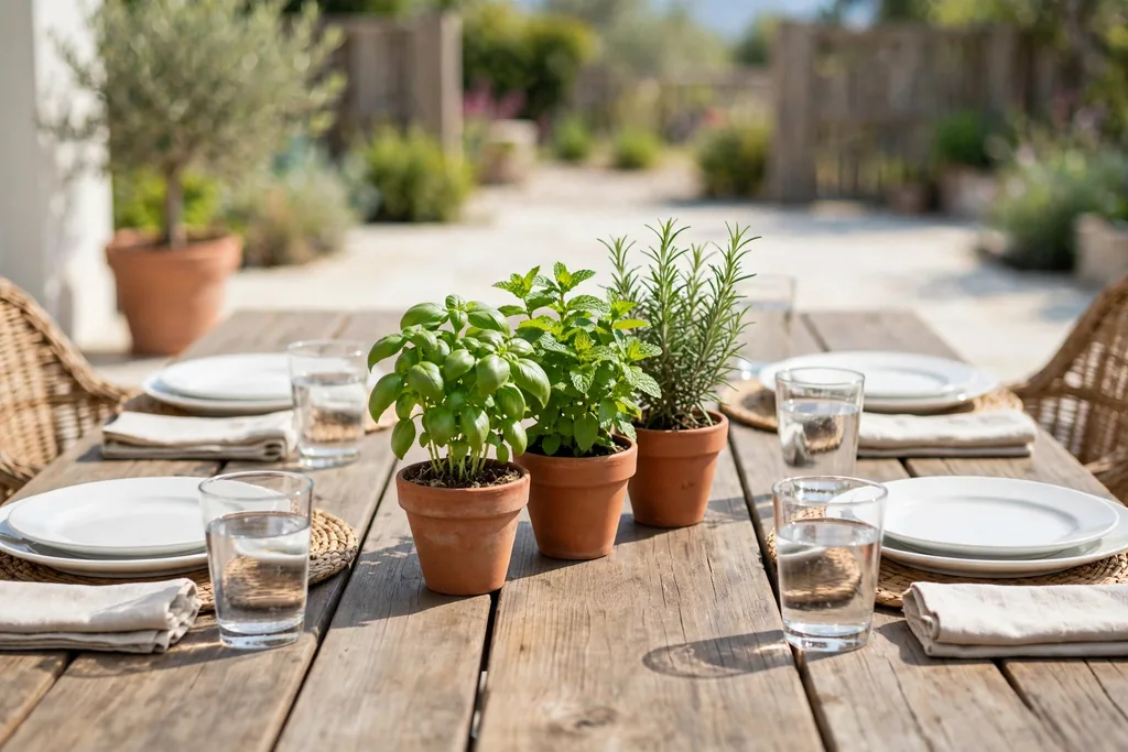 Small terracotta pots of basil, mint, and rosemary grouped down the center of a patio dining table.