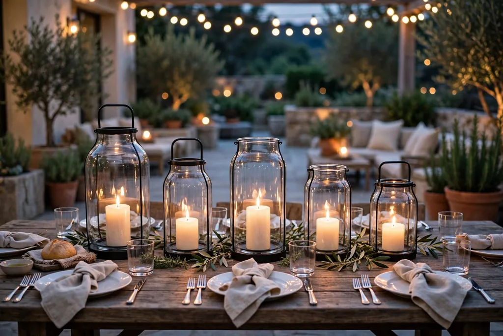 Glass hurricane lanterns of different heights with candles down the center of an evening patio table.