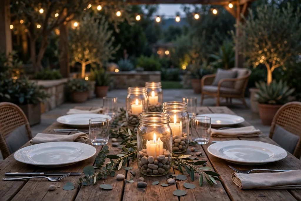 Mason jars with battery candles and a layer of small stones at the bottom down the center of a patio table.
