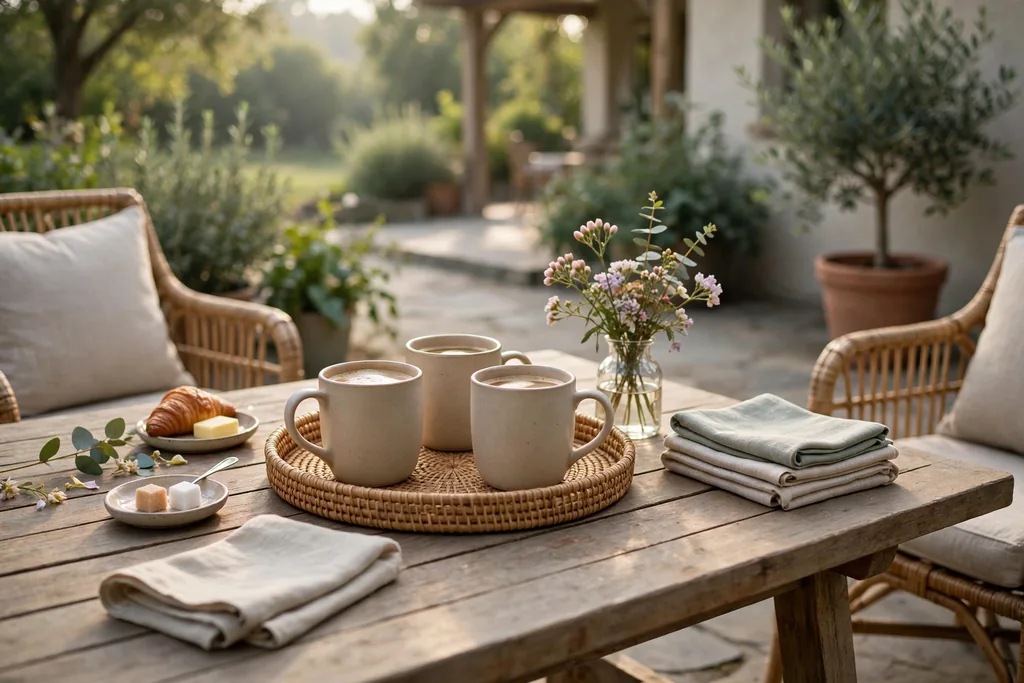 Patio table set for morning coffee with a tray of mugs, a small vase of short stems, and folded napkins.