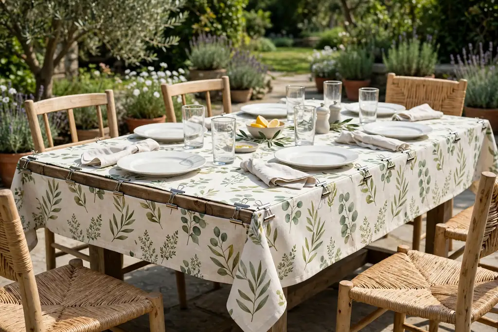 Patio table dressed with a patterned outdoor tablecloth secured with clips, plain plates, and clear glasses.