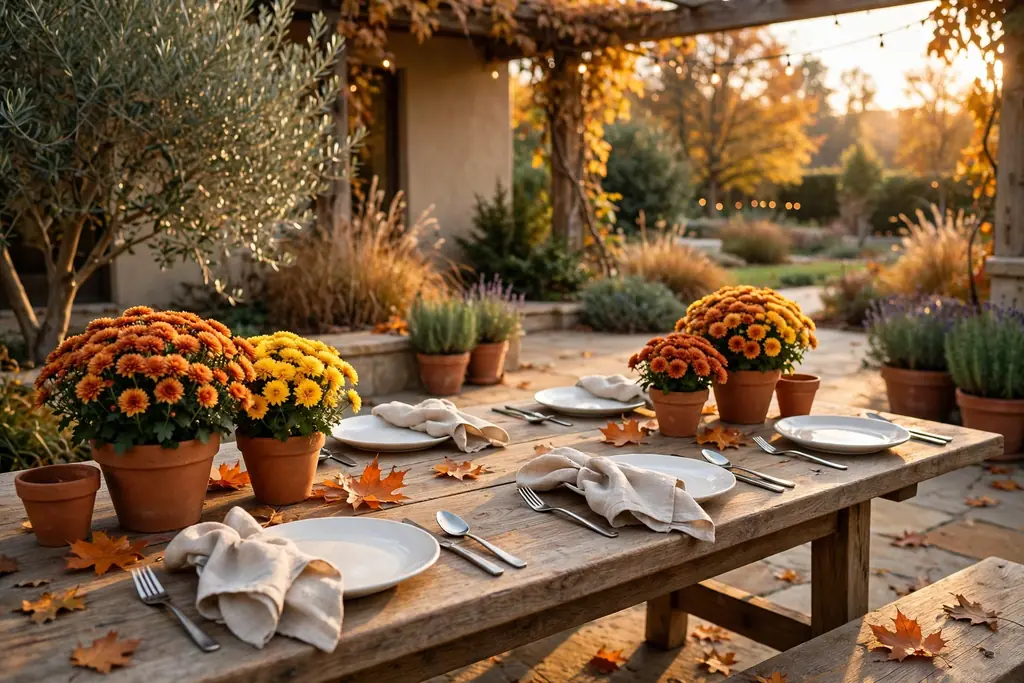 Patio table with terracotta pots of seasonal mums beside plain place settings in fall light.