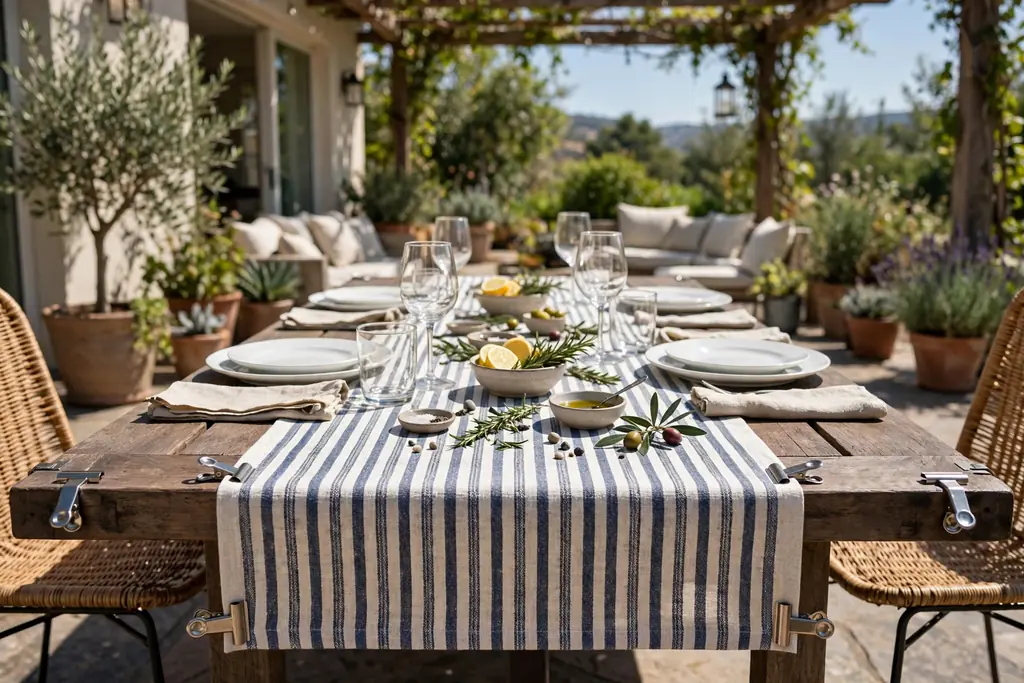 Striped outdoor runner secured with clips on a patio table with white plates and clear glasses.